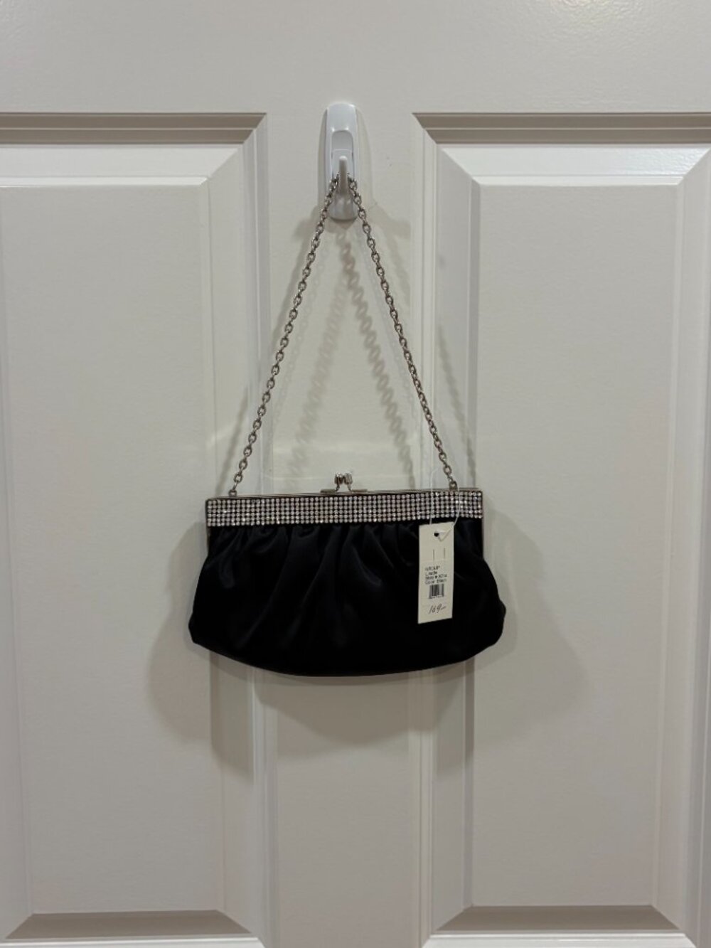 Franchi Black Satin Rhinestone Evening Clutch with Chain Strap NWT